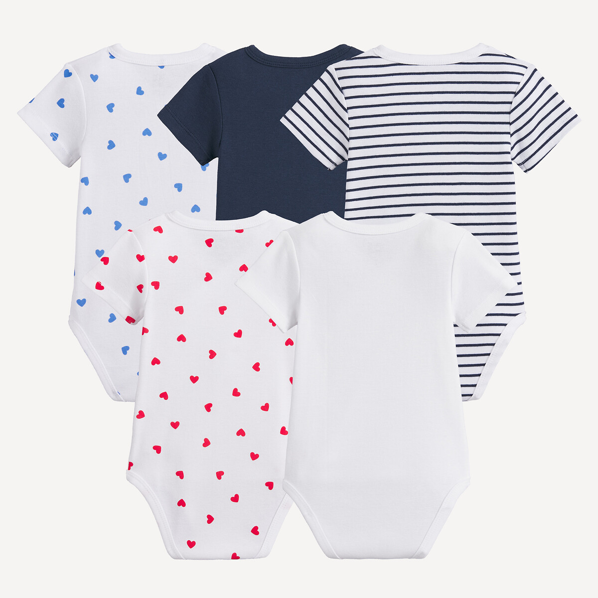 Lot de 5 bodies croisés manches courtes, en coton, imprimés coeurs et rayures bleu/blanc/rouge, LA REDOUTE COLLECTIONS