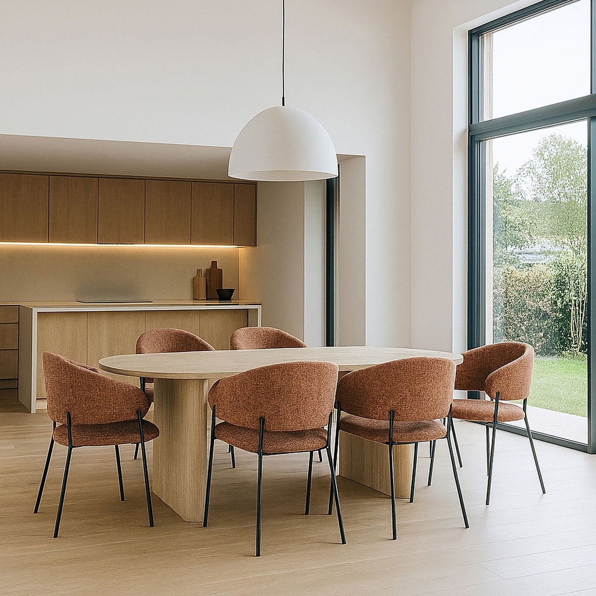 Ensemble table ovale et 6 fauteuils en tissu couleur unique, NOW'S HOME