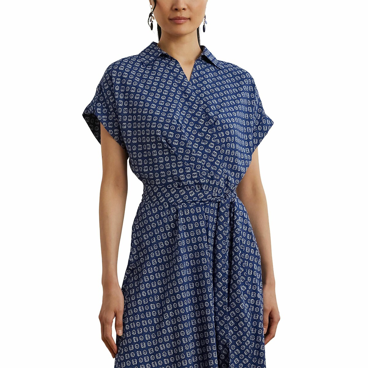 Fratillio Belted Flowing Dress with Short Sleeves blue striped/white, LAUREN RALPH LAUREN