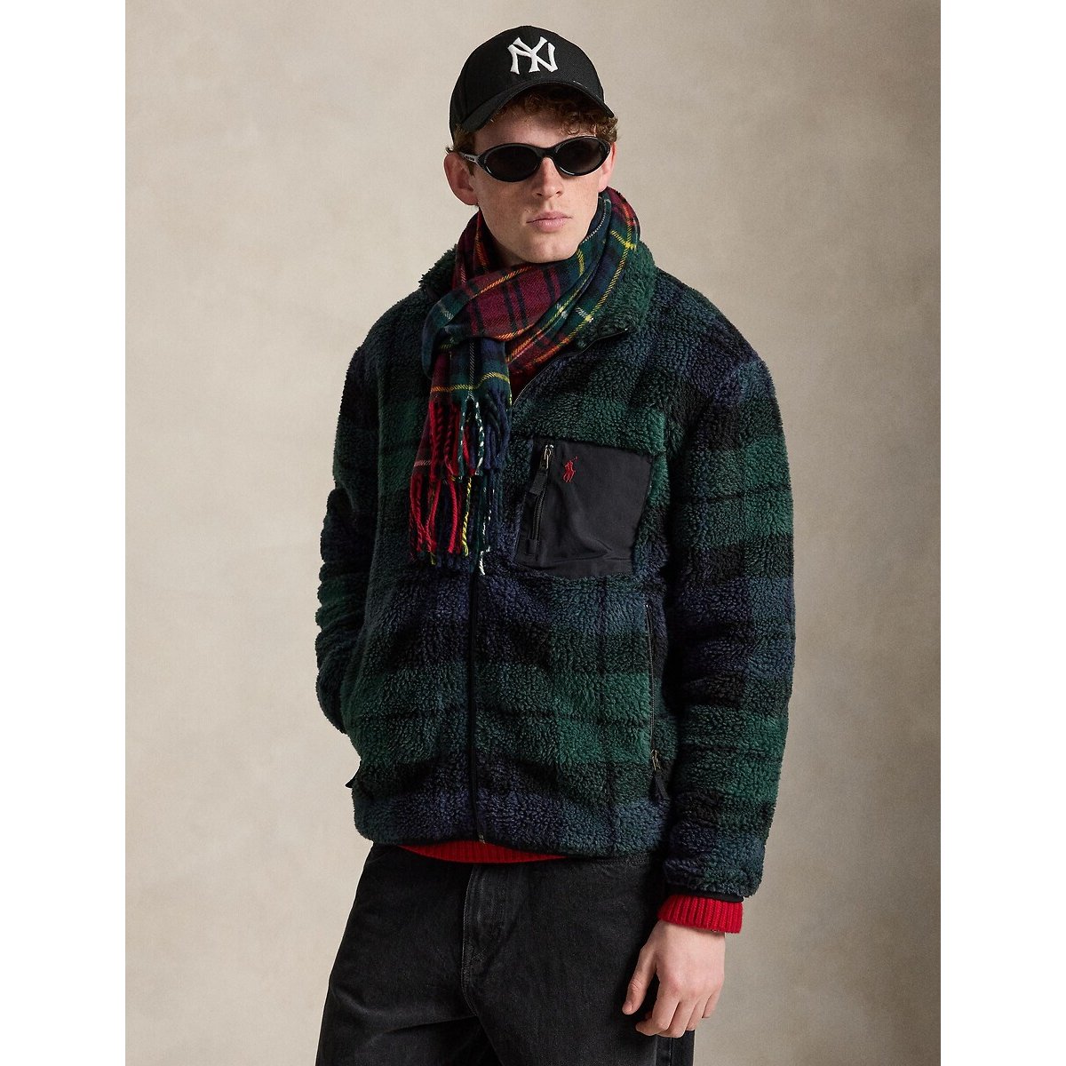 Sweat polaire, col montant, vintage carreaux vert/marine, POLO RALPH LAUREN