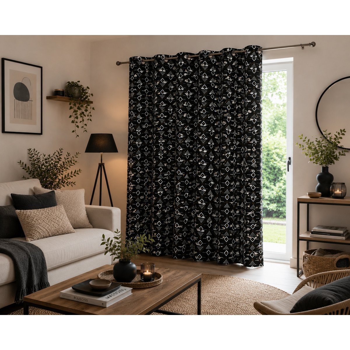 1 Rideau a oeillet 140x240 cm geometrique Letiko blanc noir, EDEN