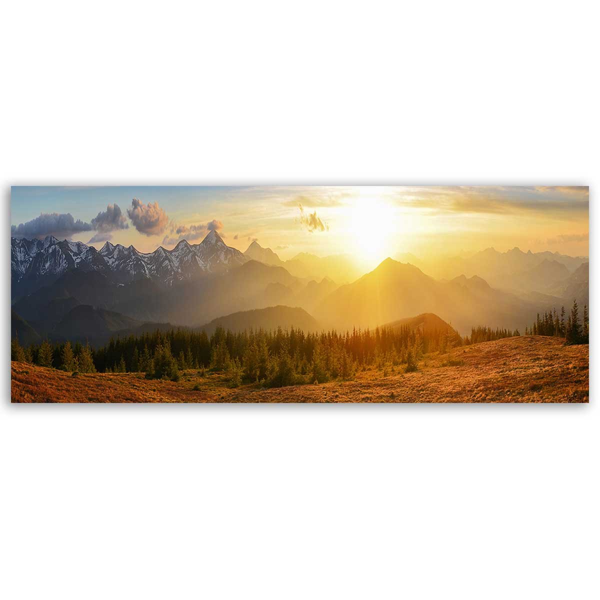 Tableau panoramique lever de soleil forêts et montagnes toile imprimée, HEXOA