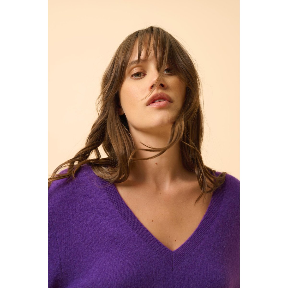 Pull Col V Devant Et Dos Violette Opal violet, JUST CASHMERE
