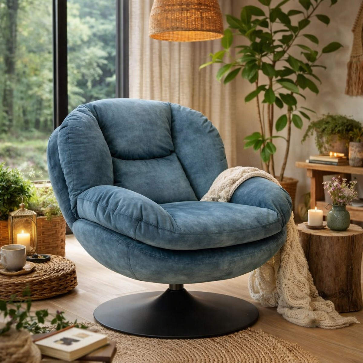 Fauteuil pivotant en velours - TOPI bleu gris, MATHI DESIGN