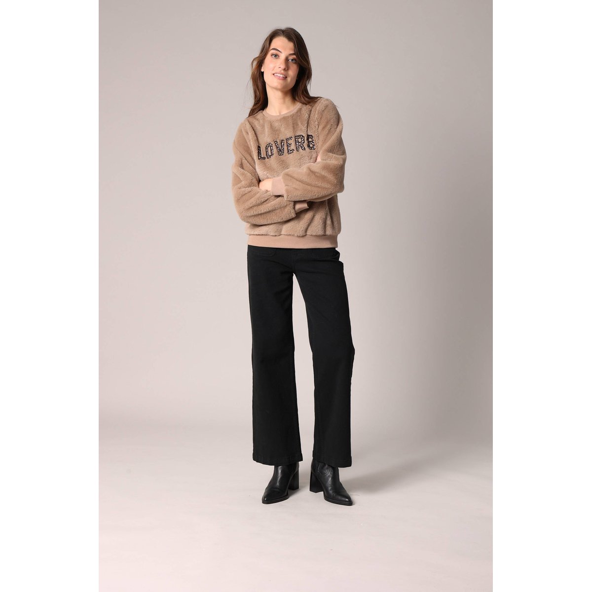 Sweat-shirt avec inscription lovers en relief en imprimé léopard KYLERA beige, DEELUXE