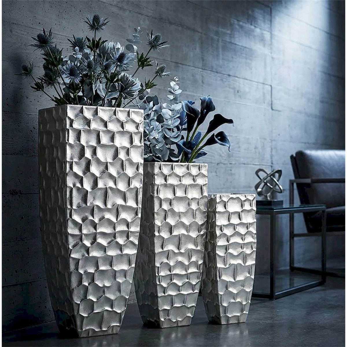 Vase en fer relief irrégulier lot de 3 GLAM argenté, RECOLLECTION