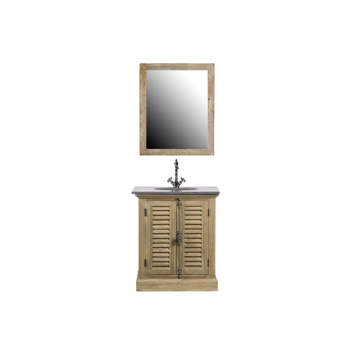 Meuble simple vasque en bois plan en pierre et miroir (ensemble) - HANOÏ bois foncé, HELLIN, DEPUIS 1862