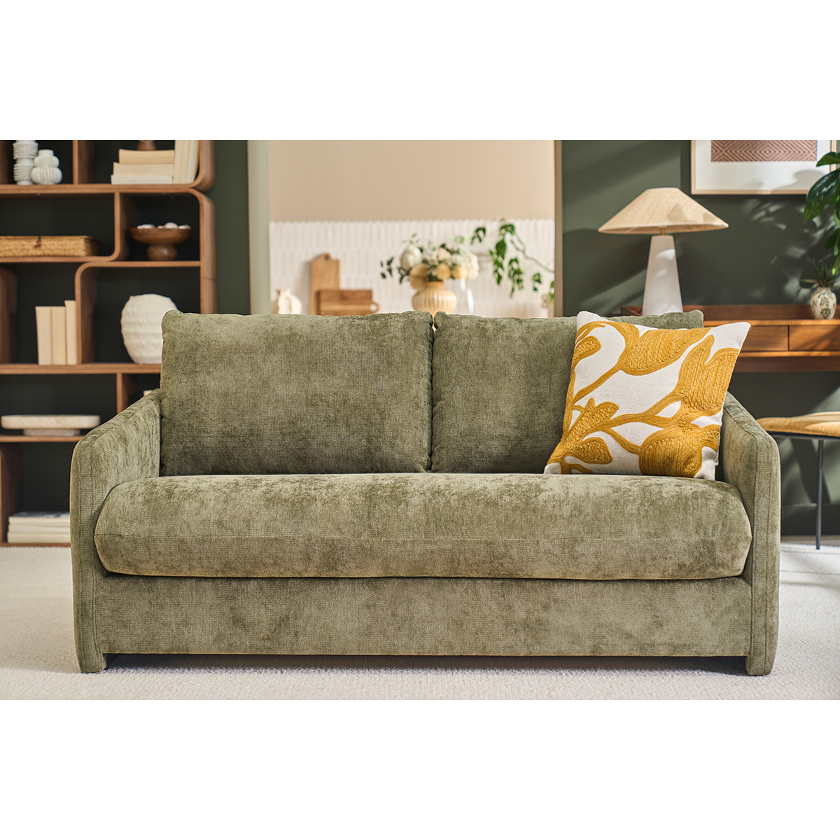 Canapé 2 places en tissu effet velours texturé beige PAULIN kaki, MILIBOO