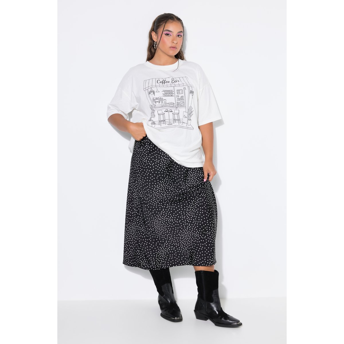 Jupe midi en satin, coupe trapèze, à pois noir, STUDIO UNTOLD