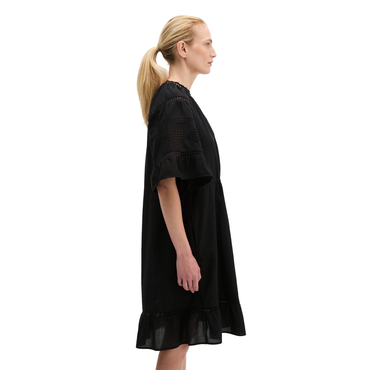 Robe boho de style folklorique loose en voile de coton brodé noir, MARC O'POLO