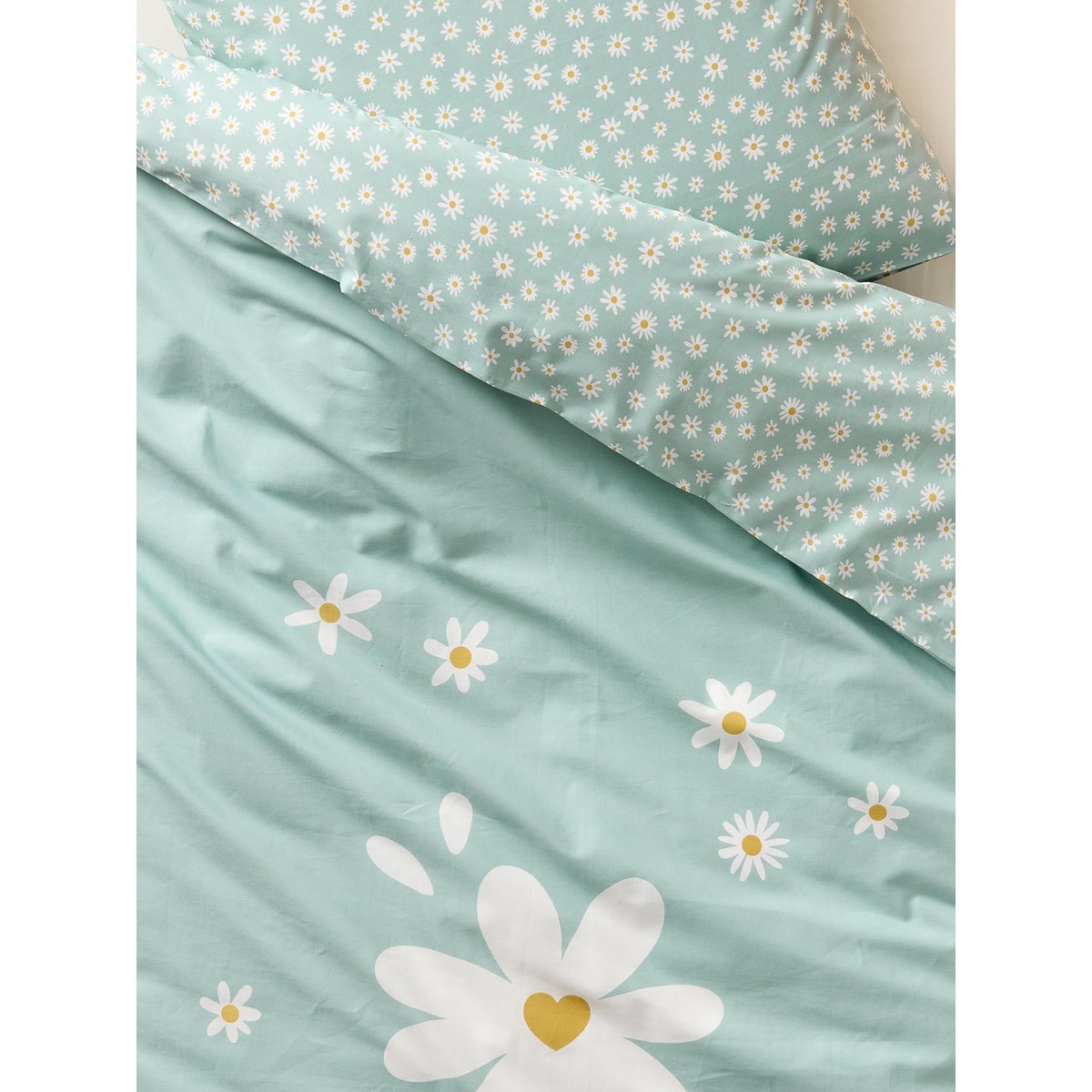 Parure housse de couette et taie d'oreiller MARGUERITE bleu imprimé, VERTBAUDET