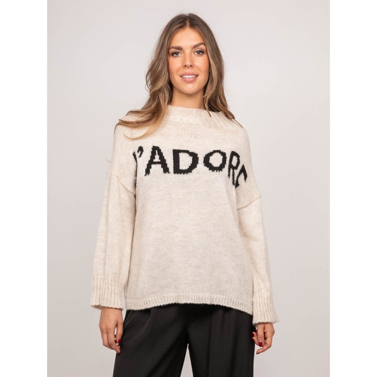 Pull Message Oversize Col Montant Kyline beige, DONA LISA