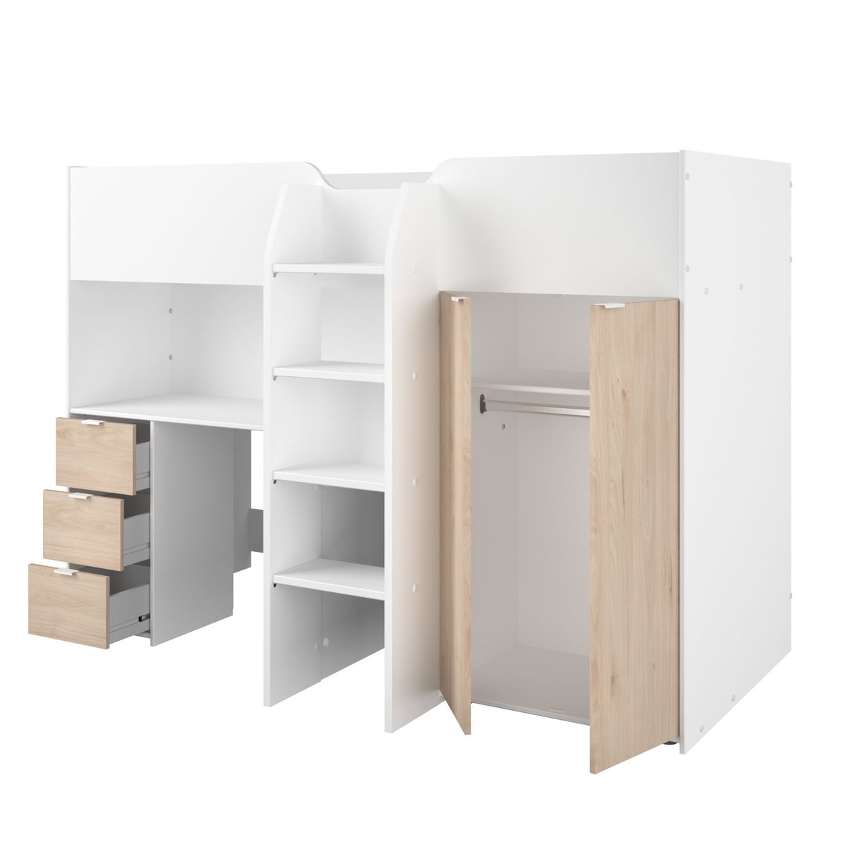 Lit mezzanine enfant en bois avec bureau et rangements blanc, TERRE DE NUIT