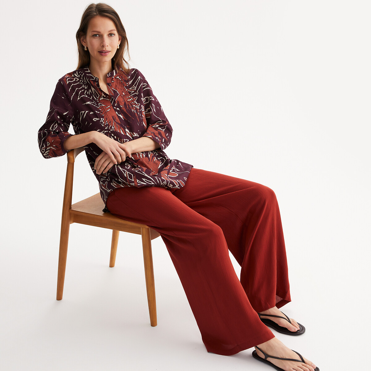 Printed Crew Neck Tunic with 3/4 Length Sleeves ivory print, ANNE WEYBURN