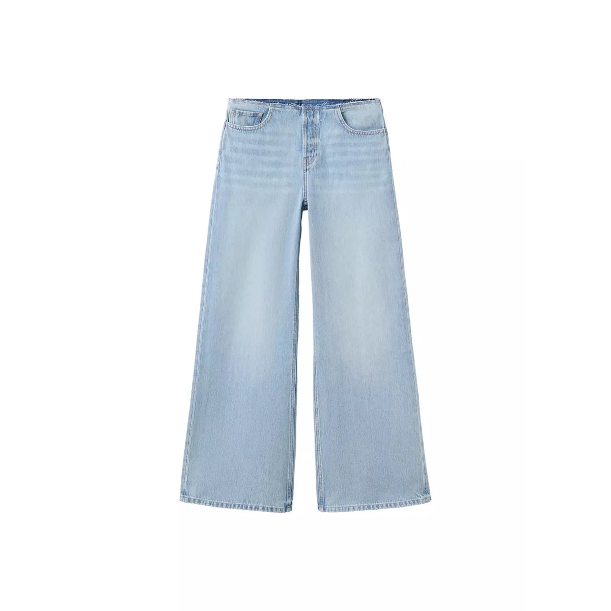 Jean wide leg à taille effilochée bleu moyen, MANGO