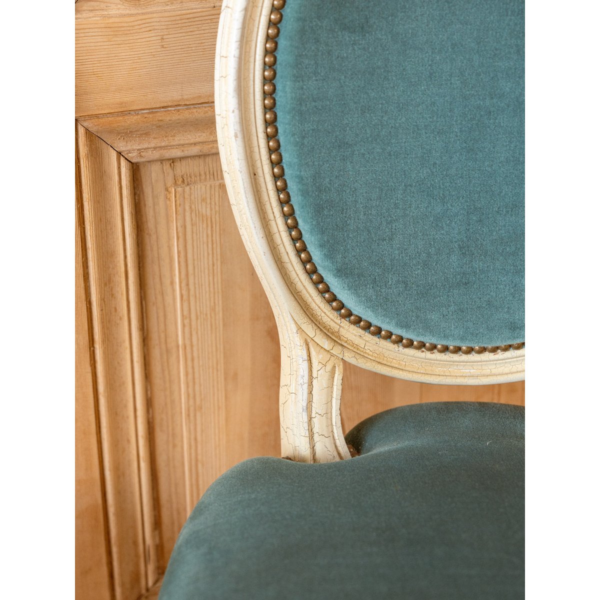 Lot de 6 chaises en bois et tissu bleu Claude N°1463 - Bon état bleu, DEBONGOUT
