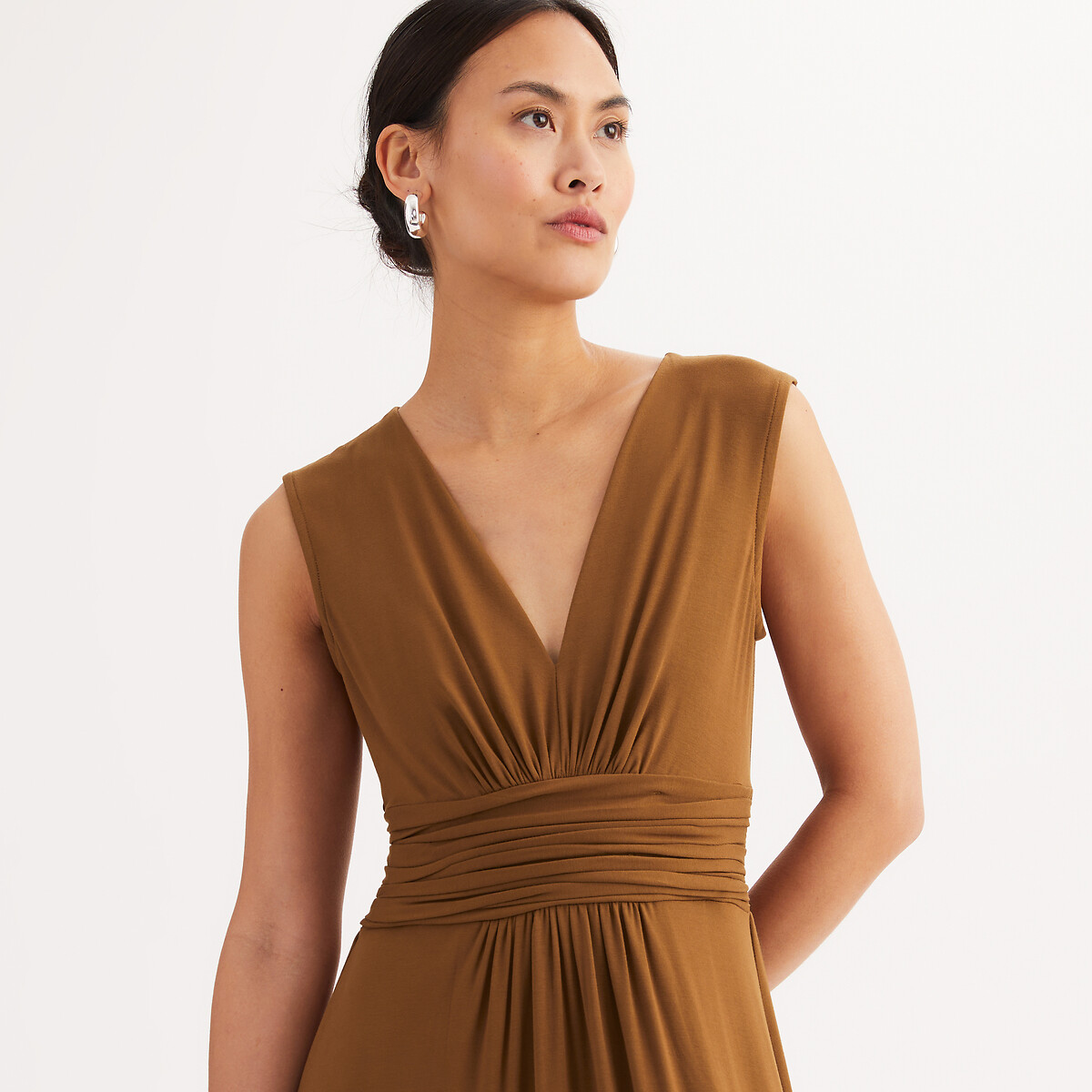 Robe évasée, longue, sans manches marron doré, ANNE WEYBURN