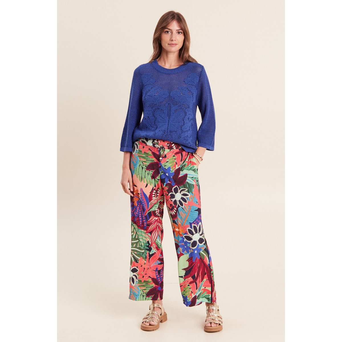 Pull ajouré col rond manches longues bleu foncé, BREAL