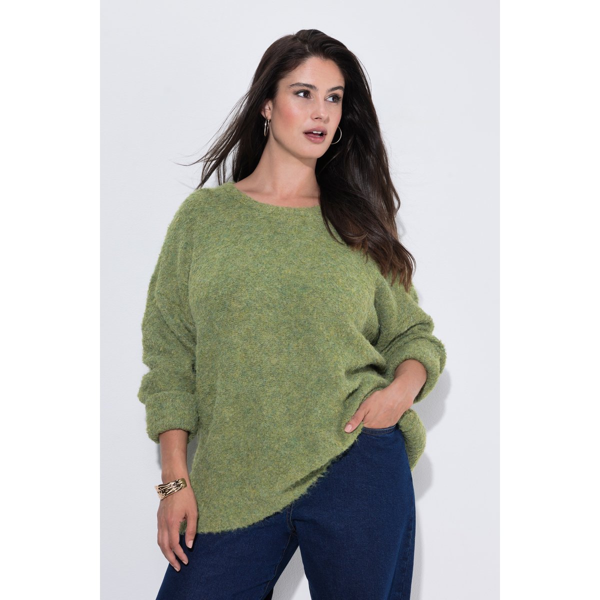 Pull en maille fine bouclée kaki foncé, ULLA POPKEN