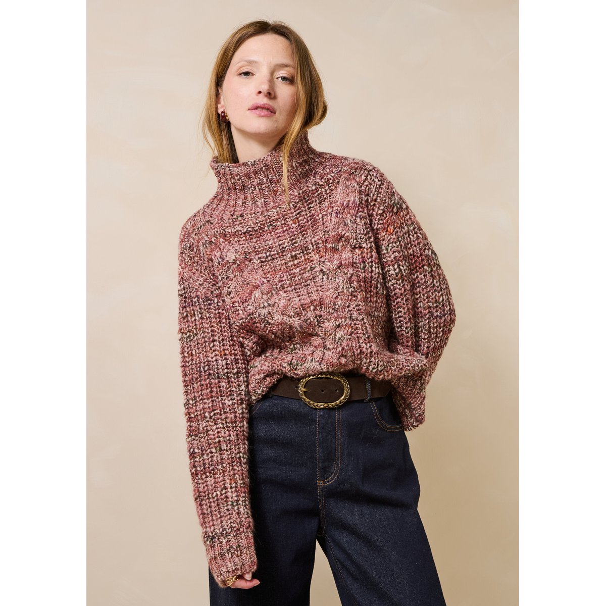 Pull manches longues col montant vieux rose, LA FEE MARABOUTEE