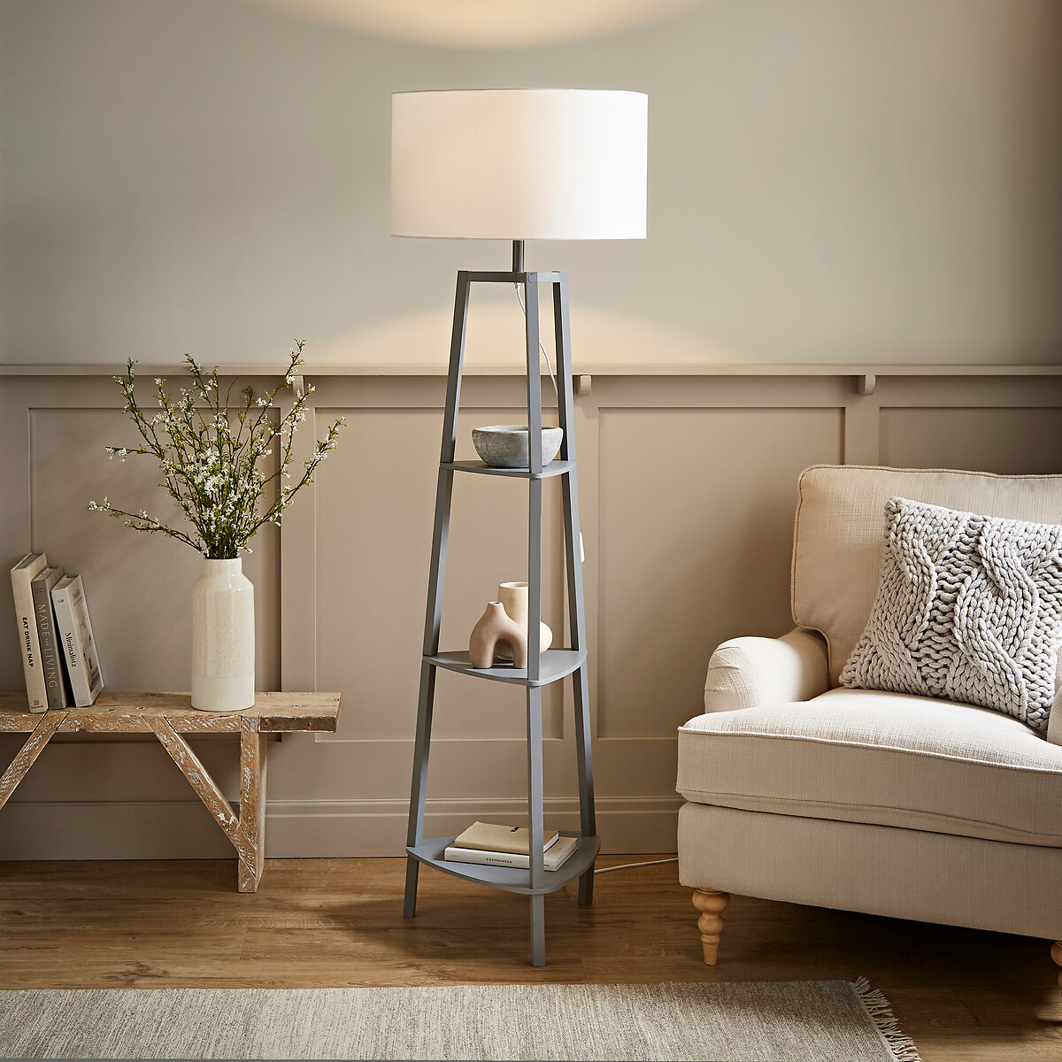 Hollis 3-Tier Shelf Tripod Floor Lamp with Large Shade white, SO'HOME