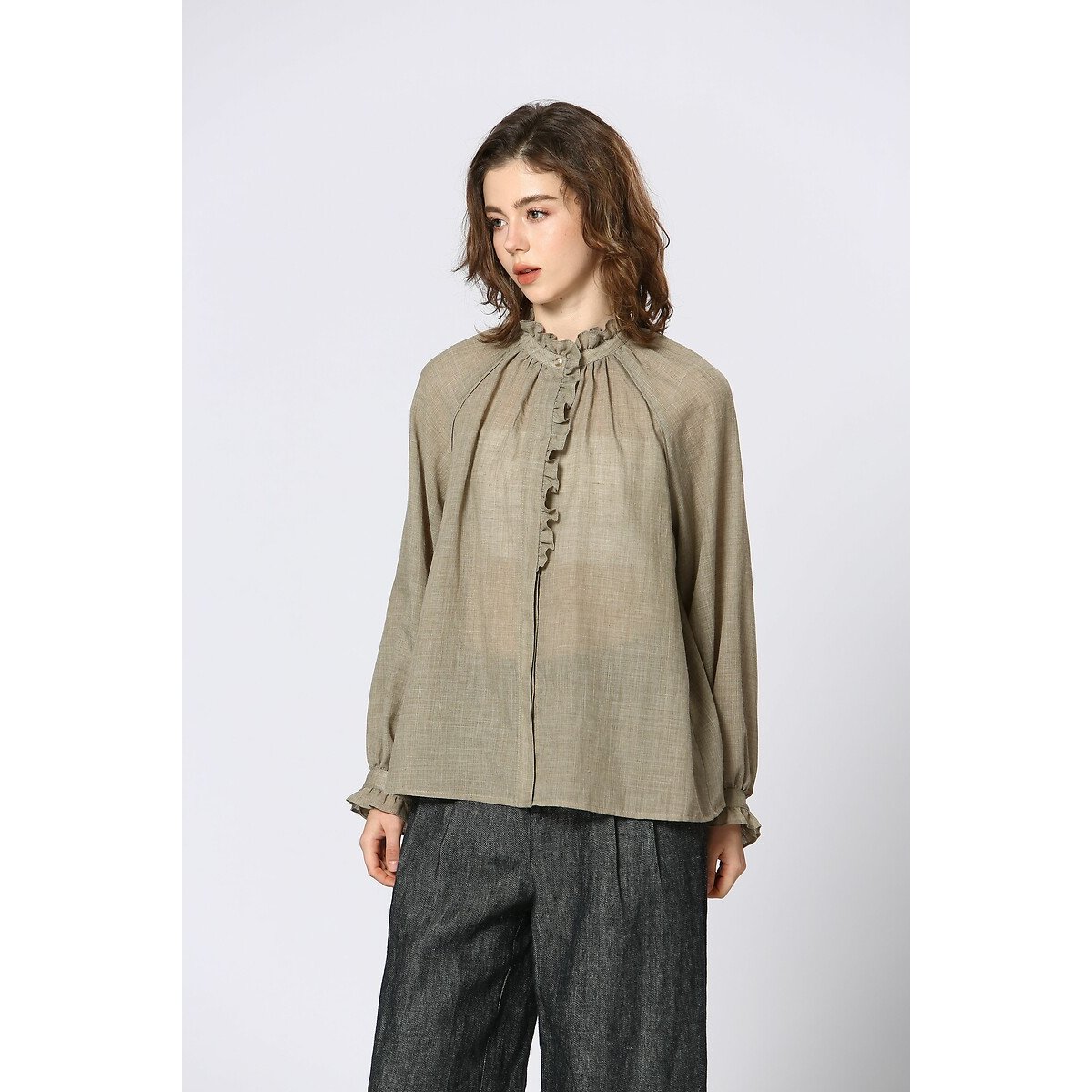 Ruffled High Neck Blouse beige, SEE U SOON