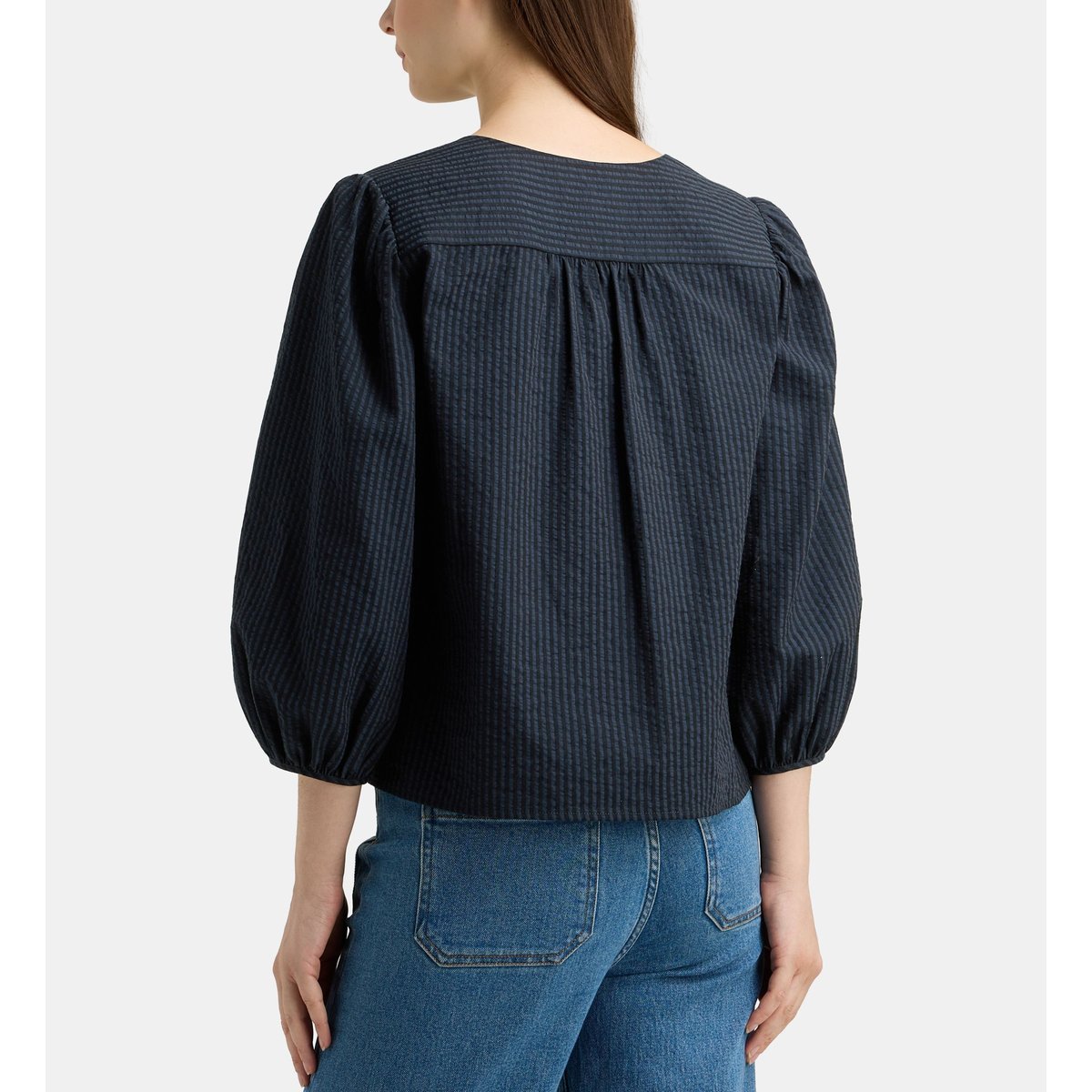 Top droit filou re rayé seersucker bleu marine, GALERIES LAFAYETTE