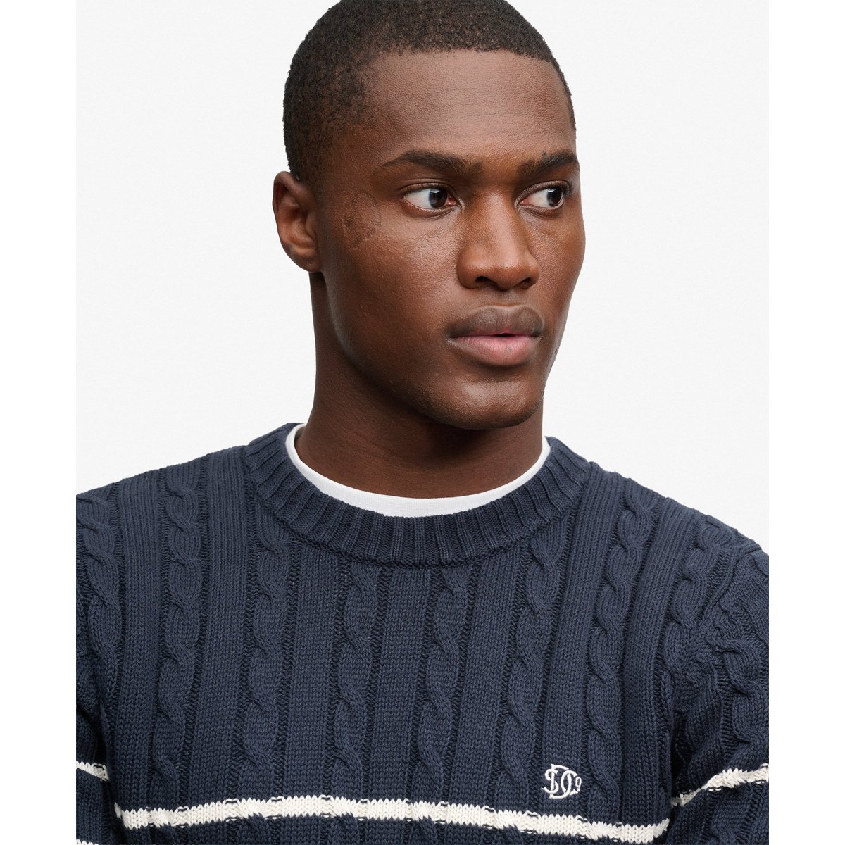 Pull en maille torsadée à rayures en coton rayé bleu marine/blanc, SUPERDRY