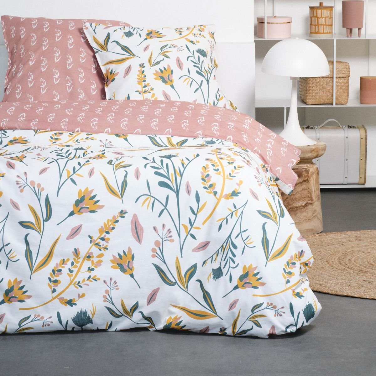 Parure de lit 2 personnes imprimé coton SUNSHINE FLORA rose, TODAY