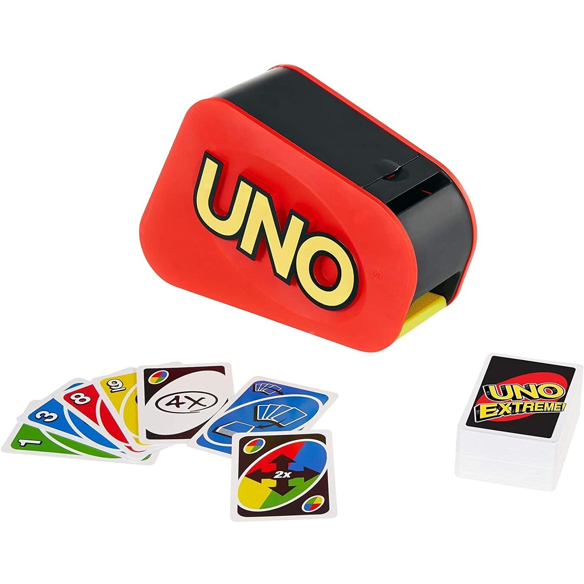 Uno extreme Jeu de société et de cartes avec distributeur aléatoire, sonore et lumineux multicolore, MATTEL