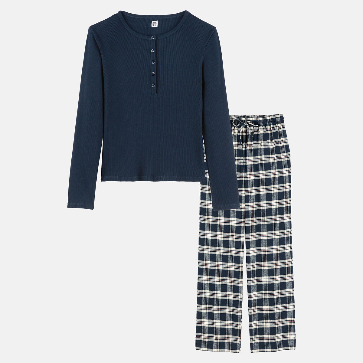 Pyjama 2 pièces, t-shirt en côte et pantalon en flanelle carreaux bleu, LA REDOUTE COLLECTIONS