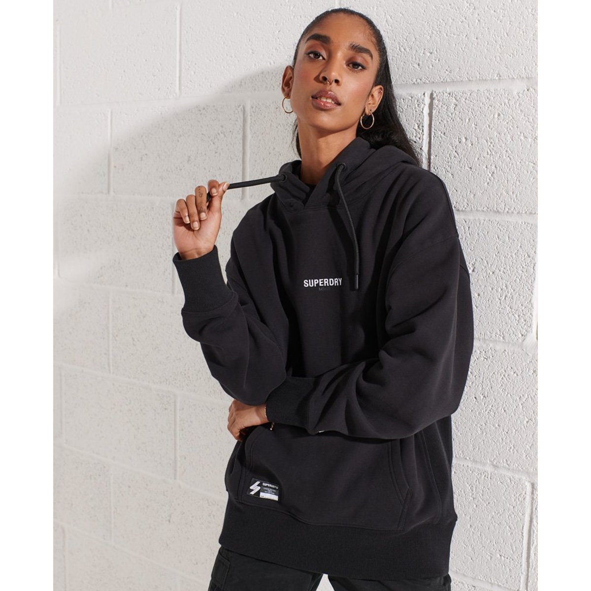 Sweat à capuche oversize à micro logo noir, SUPERDRY