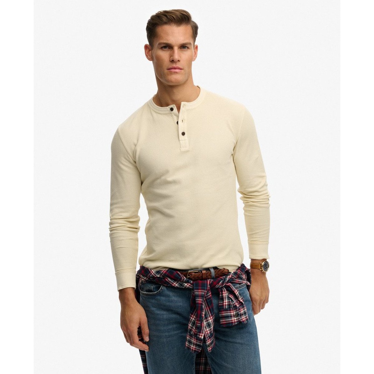 Haut Henley Texturé Léger beige avoine, SUPERDRY
