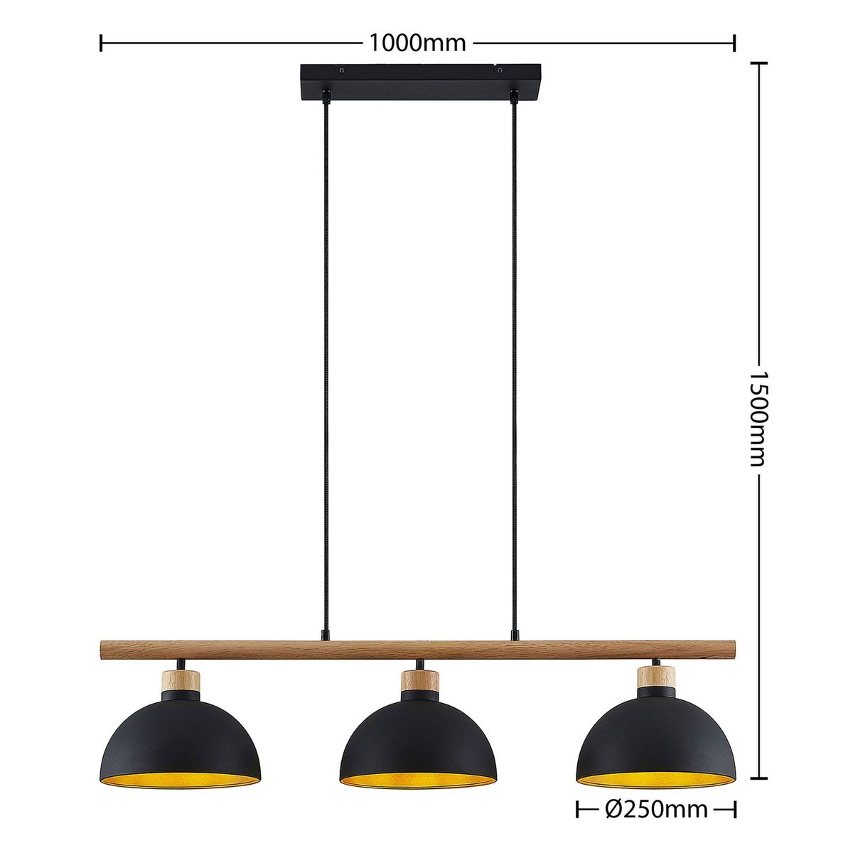 Suspension en métal vintage, Tirzana noir, or, bois clair, LINDBY