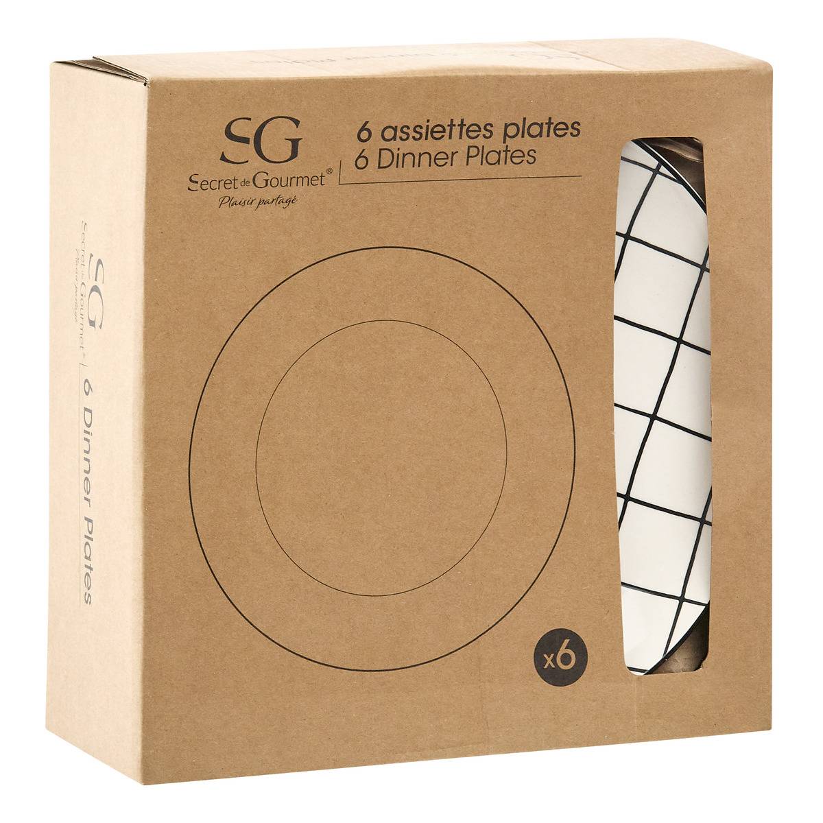 Lot de 6 assiettes plates en céramique FAMILY CORNER blanc, SECRET DE GOURMET