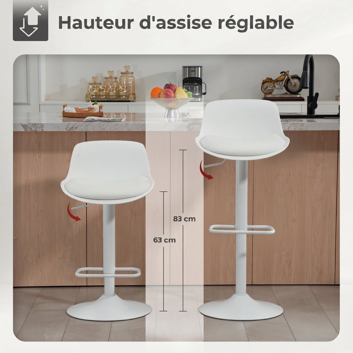 Tabouret de bar PU et acier Blanc blanc, HOMCOM