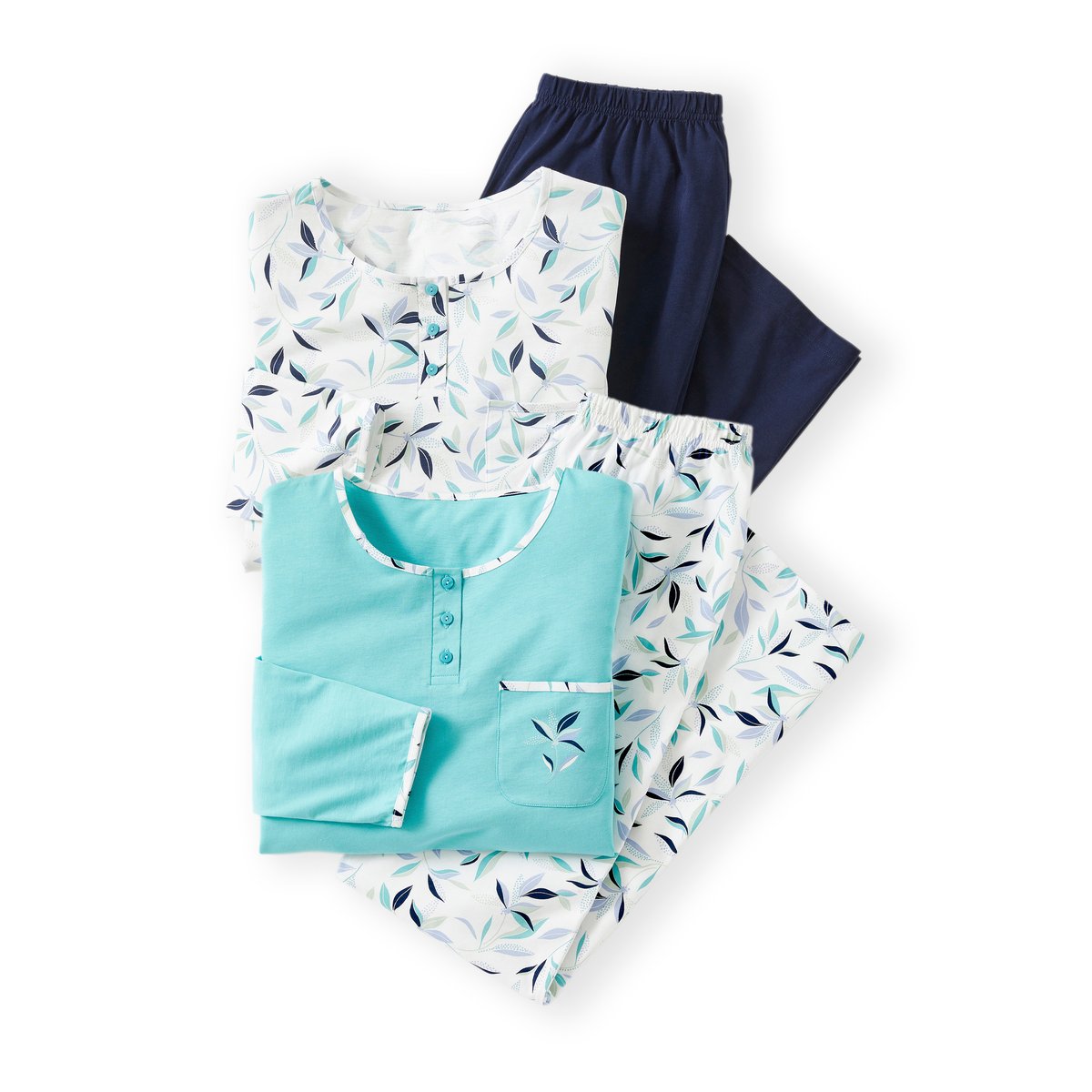 Lot de 2 pyjamas maille jersey coton peigné lot bleu feuillage, DAMART