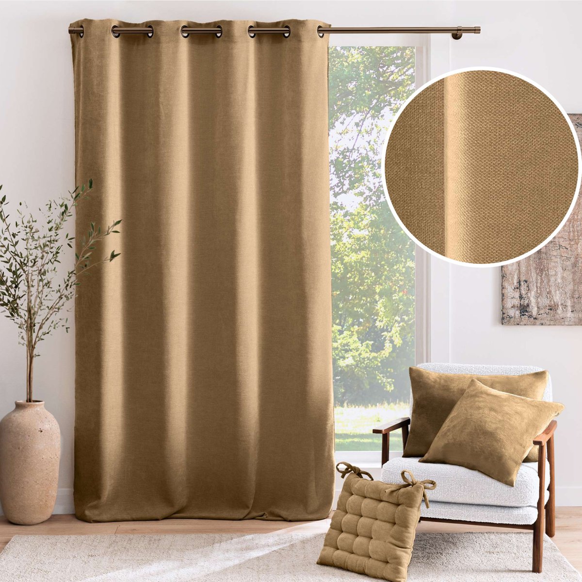 Rideau tamisant à œillets en velours chenille marron, DOUCEUR D'INTÉRIEUR