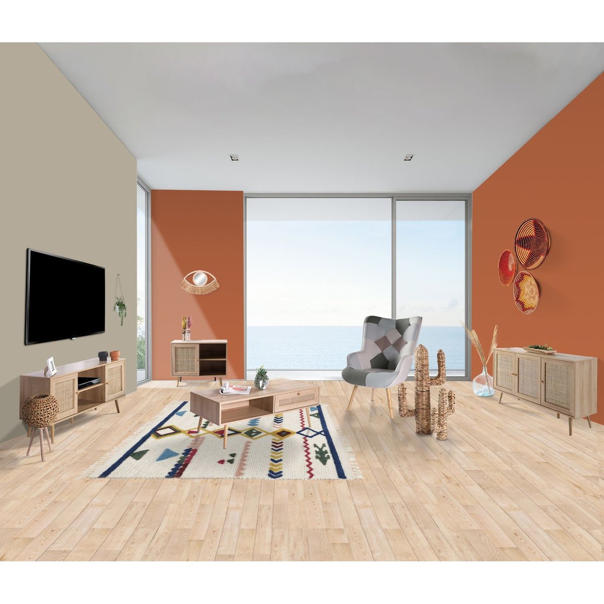 Buffet 3 portes effet cannage BALI beige, TOILINUX