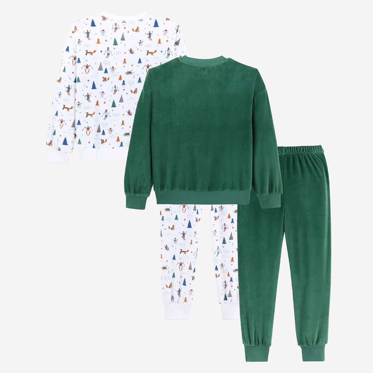 Lot de 2 pyjamas, velours, imprimé sapins, bonhommes de neige, renards, skieurs assortis, LA REDOUTE COLLECTIONS