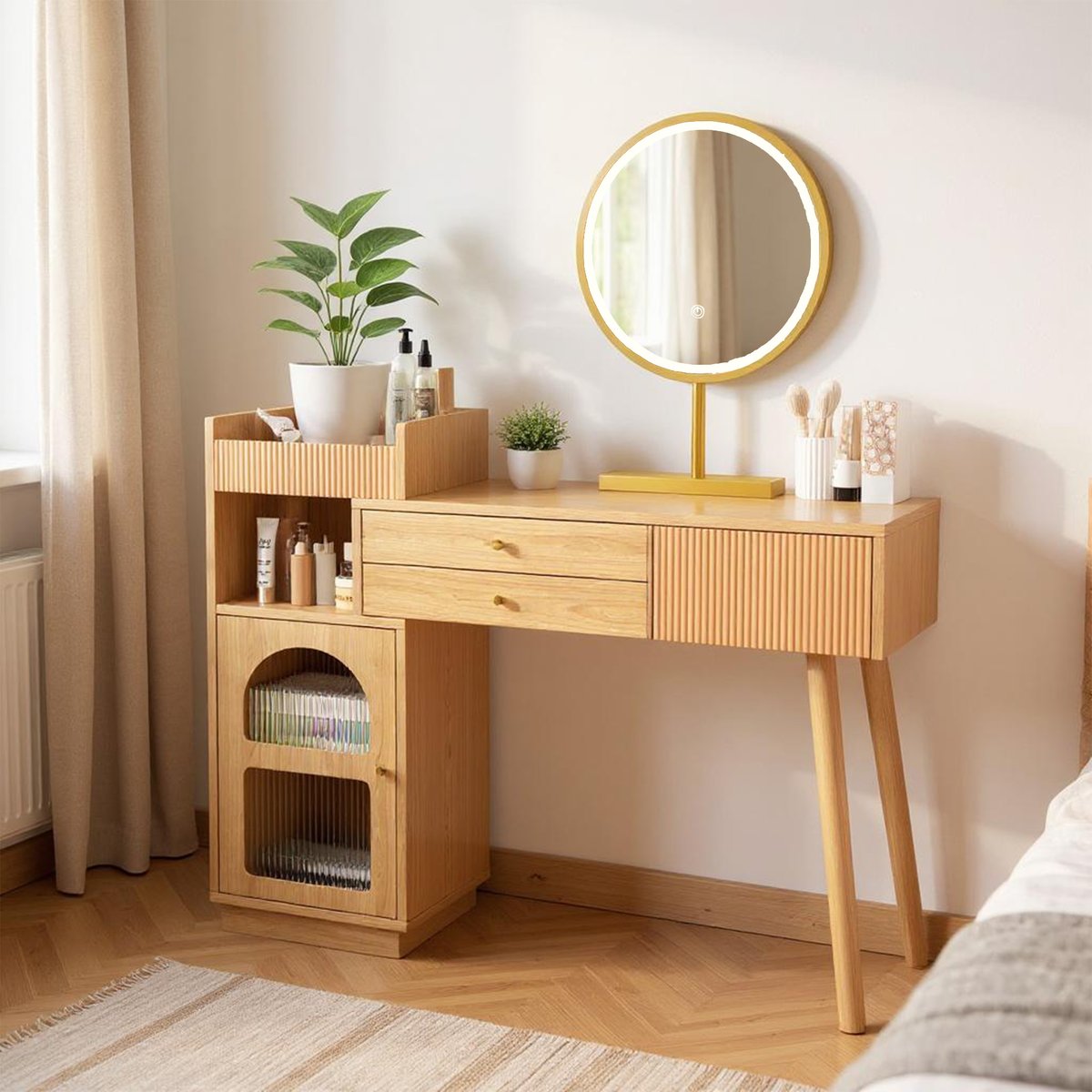 Coiffeuse table de maquillage avec 2 tiroirs 1 porte et 2 niches scandinave, ULTRAC chêne, MEUBLES COSY