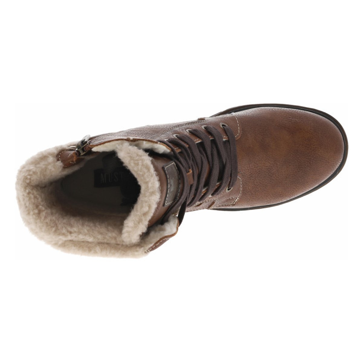 Bottines cognac à talon décroché moyen avec des lacets plats et un zip cognac, MUSTANG