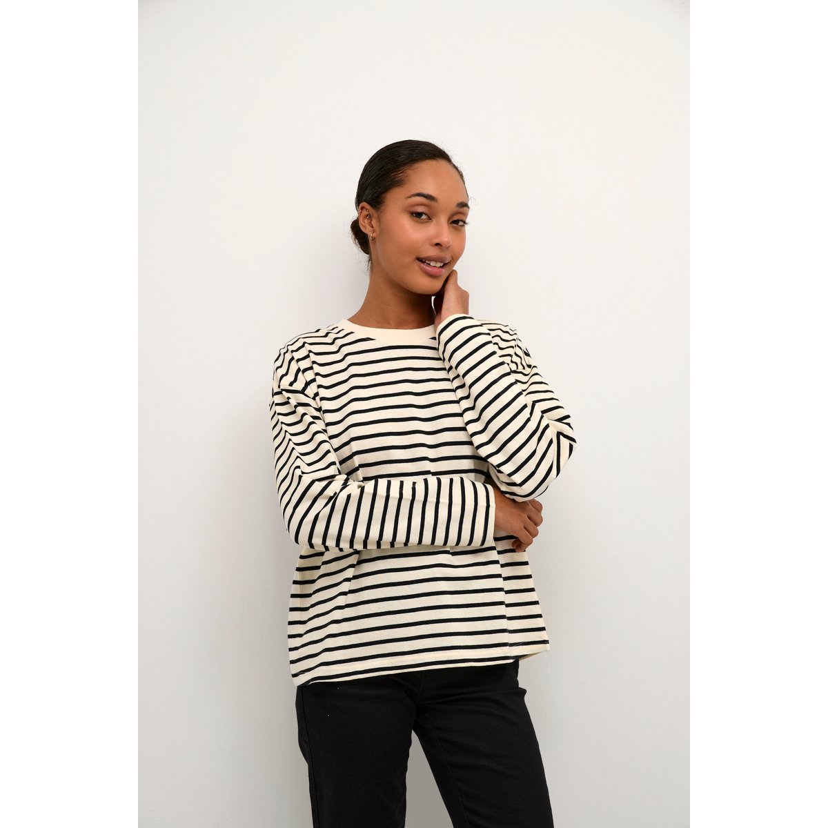 T-shirt à manches longues blanc antique white black stripe, KAFFE