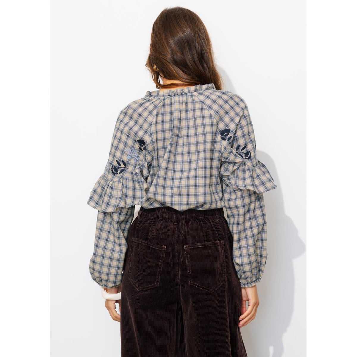 Blouse brodée à volants carreaux marine, PROMOD