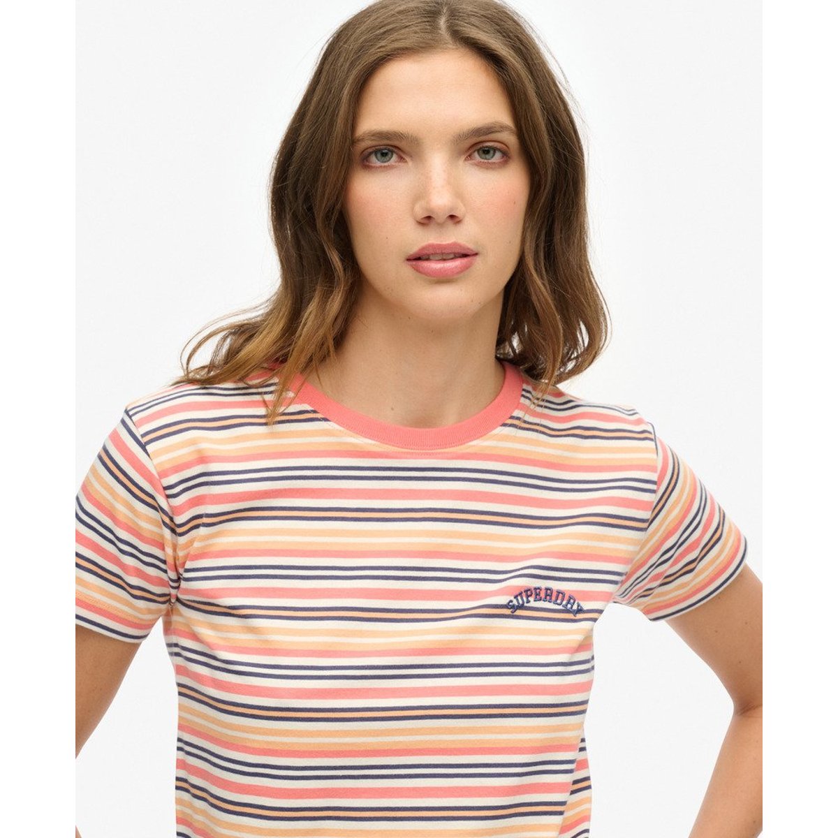 T-shirt ajusté à rayures Essential Logo rayures corail coucher de soleil, SUPERDRY