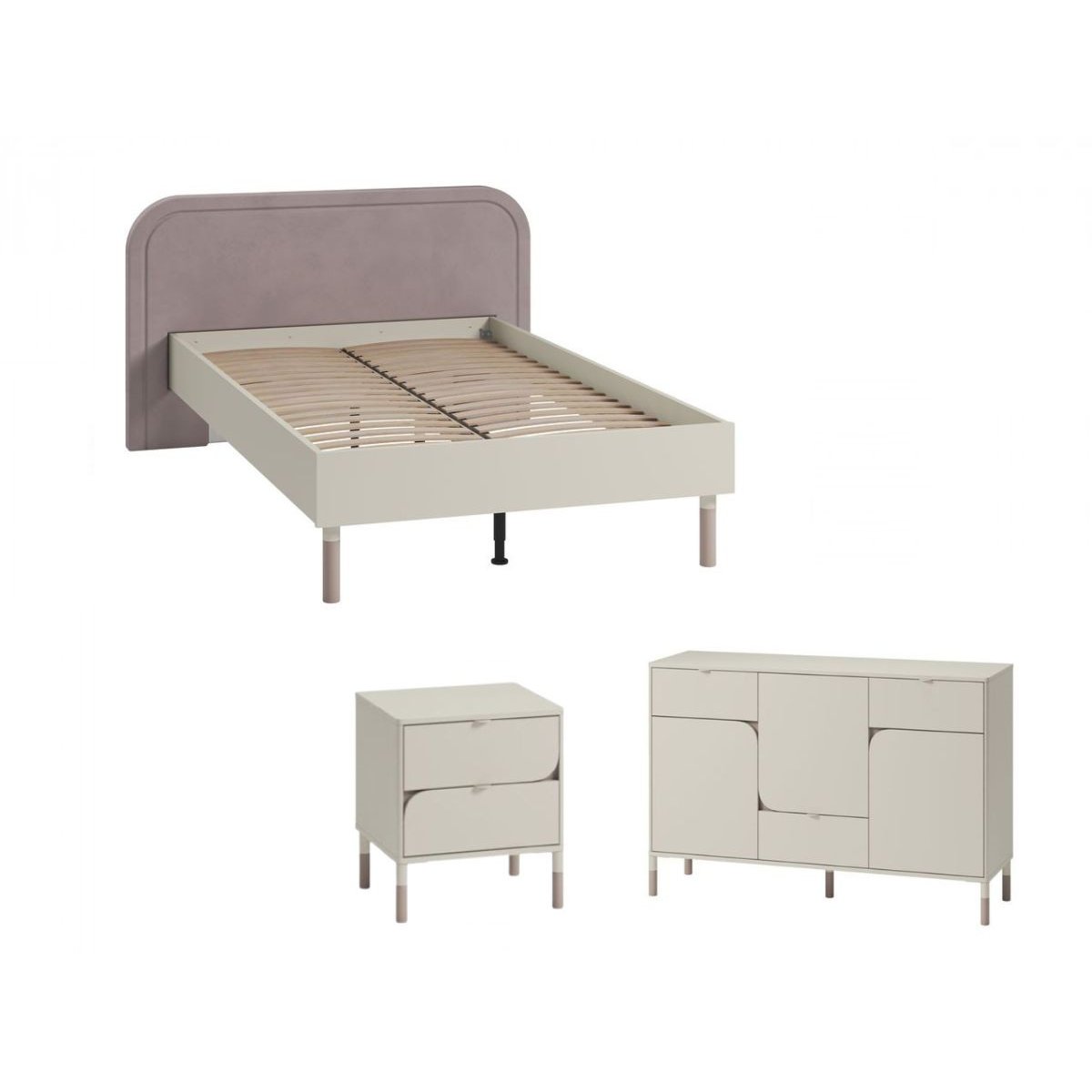 Ensemble lit, chevet et commode en panneaux de particules, BOREO blanc, BOBOCHIC
