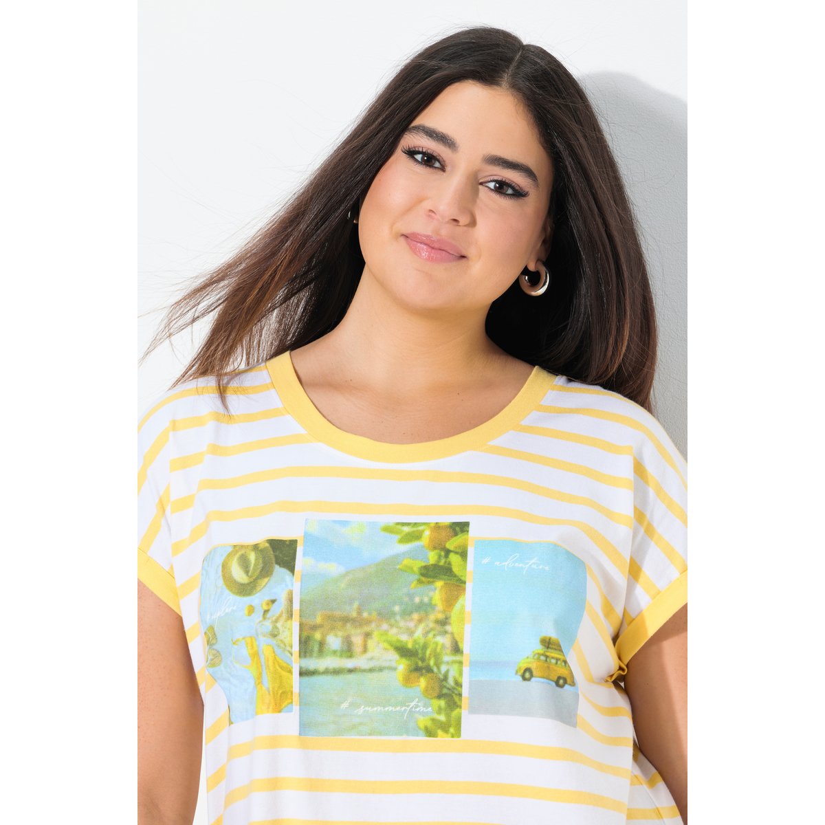 T-shirt oversize à rayures. Col rond jaune soleil, ULLA POPKEN