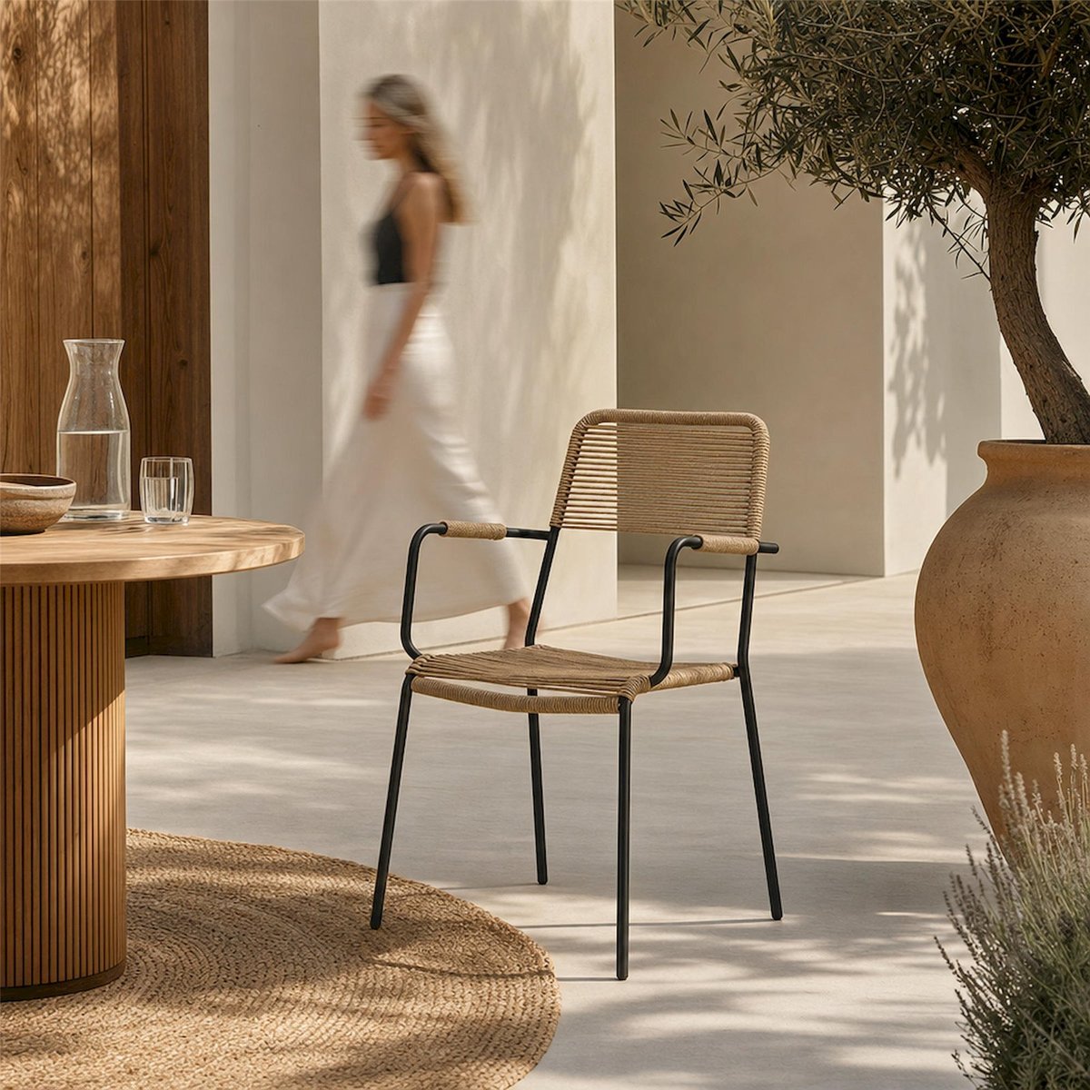 Chaise de jardin empilable SUBTLEY tressée beige et noir, RECOLLECTION