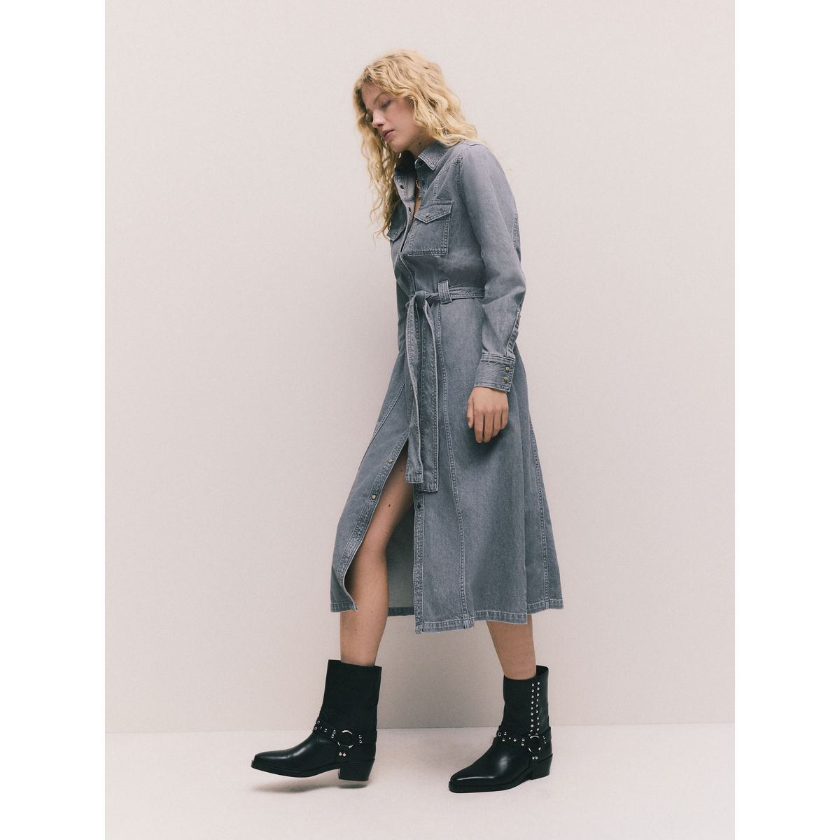 Robe chemise longue en denim gris, NEXT