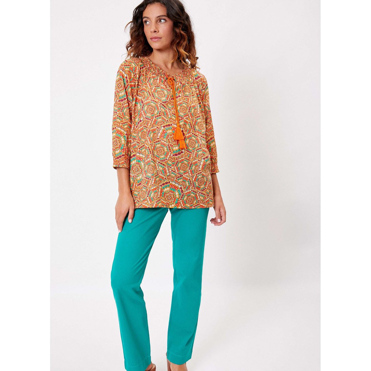 Blouse imprimée ample voile de coton bio MEHAN orange clementine, LA FIANCÉE